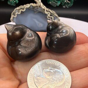 Silver Sheen Black Obsidian Mini Sleeping Cat Carvings